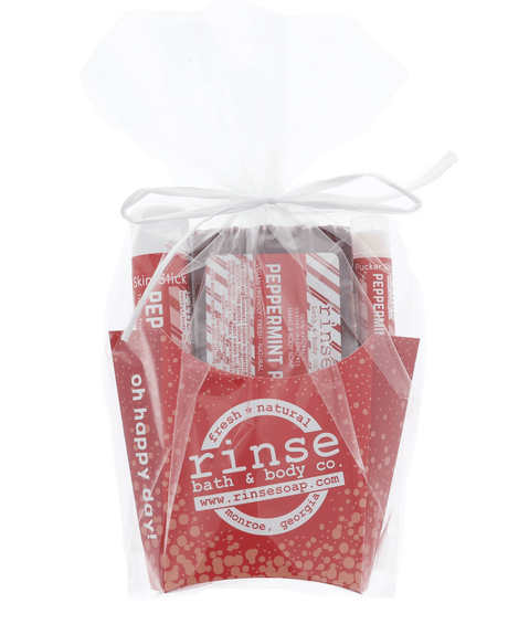 The Peppermint Patti fry-box gift set wrapped in cellophane and tied with ribbon — arrives gift-ready, no wrapping needed. Rinse Bath & Body Co.
