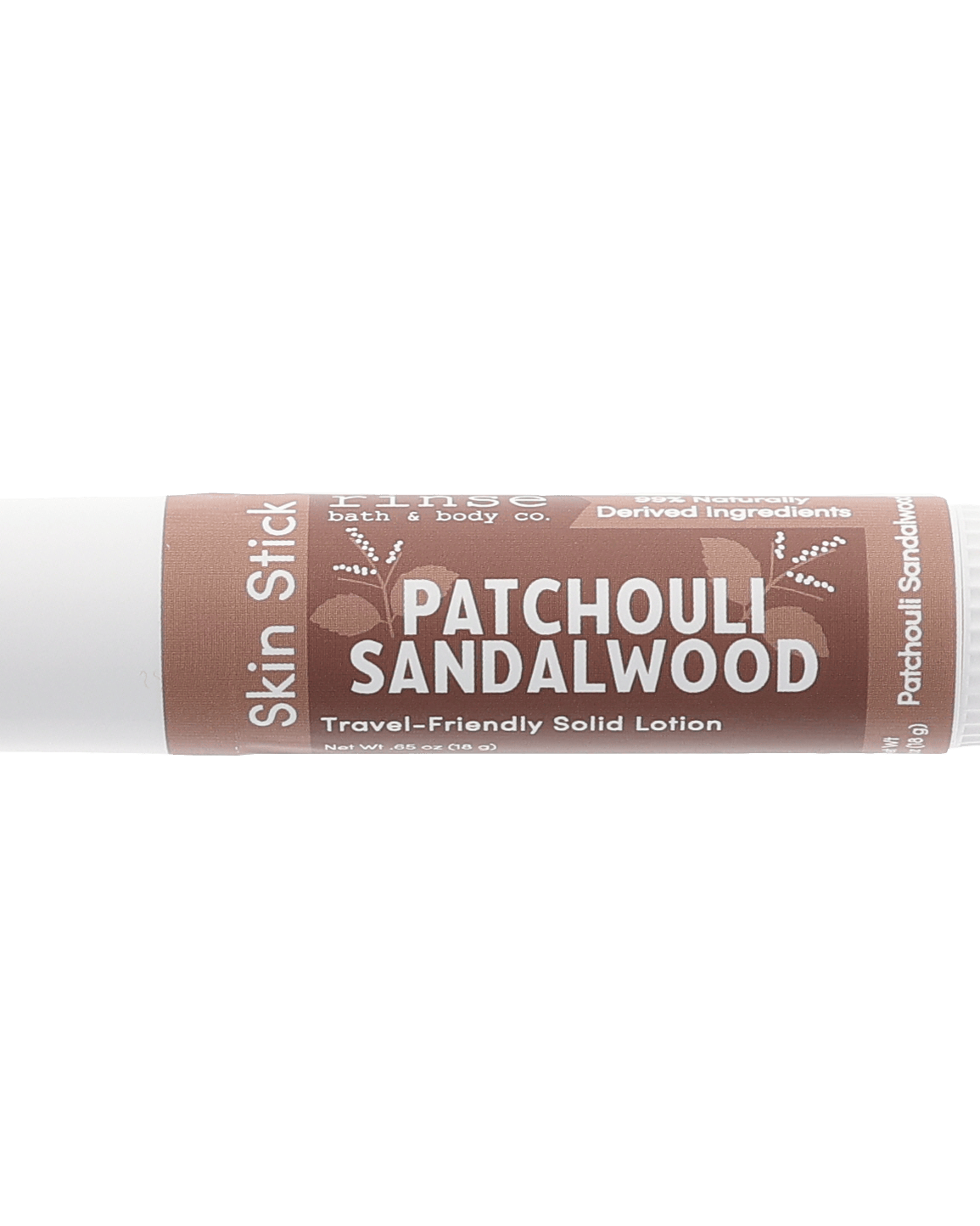 Patchouli Sandalwood Skin Stick — travel-friendly solid lotion in a twist-up tube. Rinse Bath & Body Co.