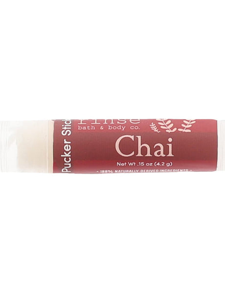 Chai Tea Latte Pucker Stick with its spiced-latte label — a twist-up cocoa-butter balm that goes anywhere. Rinse Bath & Body Co.