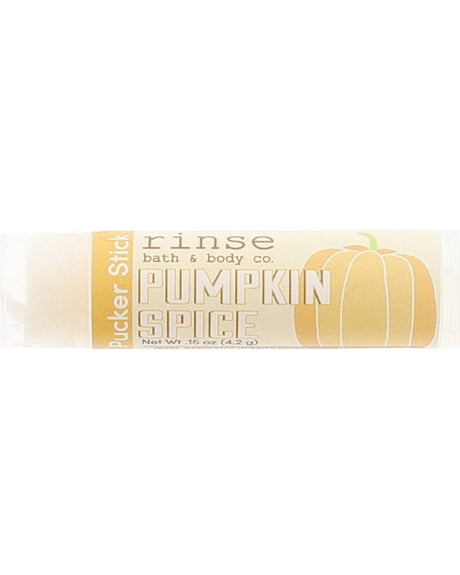 Pumpkin Spice Pucker Stick with its orange pumpkin label — a twist-up cocoa-butter lip balm in nutmeg, clove and brown sugar. Rinse Bath & Body Co.