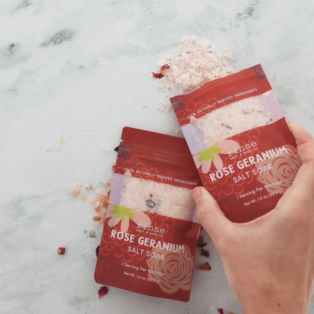 Rinse Rose Geranium natural bath soak - relaxing mineral soak - alternate angle