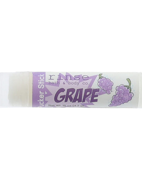 Grape lip balm in its purple-labelled twist-up tube — a pop of grape punch for kids and adults. Rinse Bath & Body Co.