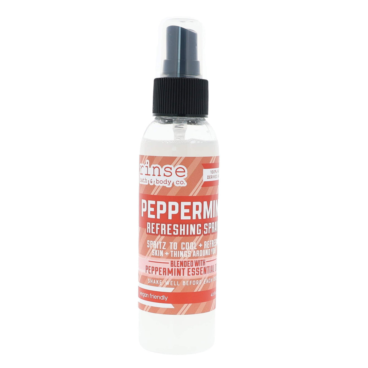 Peppermint Refreshing Spray standing on bright white — milky liquid and candy-stripe label with black pump