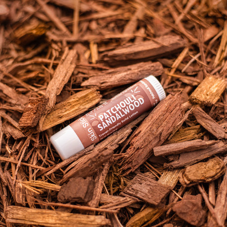 Rinse Patchouli Sandalwood solid lotion stick - mess-free hydration - detail view