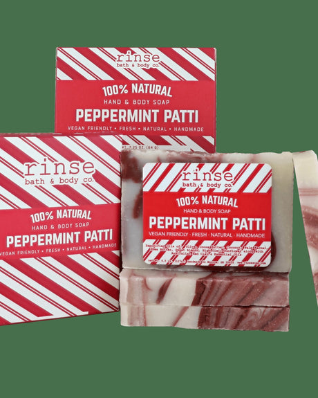 Peppermint Patti mini soap bars with candy-cane cartons — creamy bars, cool mint holiday scent