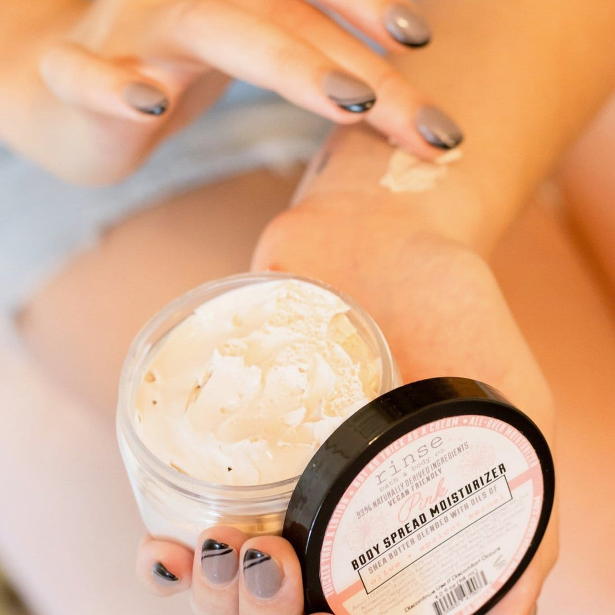 Rinse Pink natural body lotion - deep hydration without grease - lifestyle shot