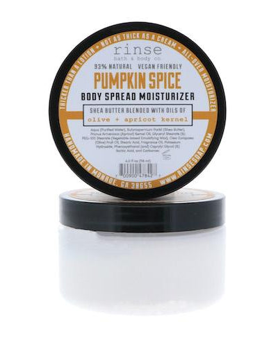 Pumpkin Spice body spread in its tub — a thick shea-butter moisturizer in nutmeg, clove and brown sugar. Rinse Bath & Body Co.
