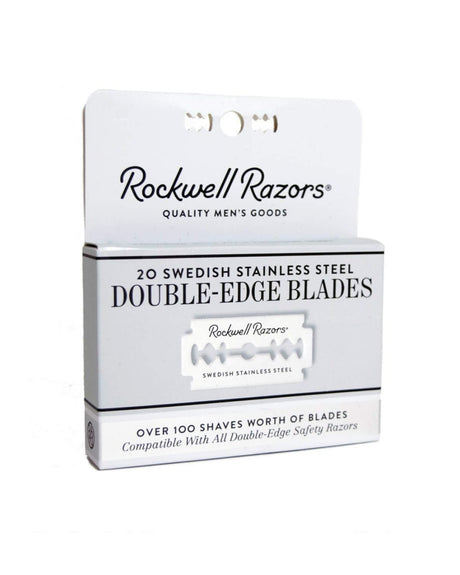 Rockwell 20-count double-edge razor blades hang-tab carton.