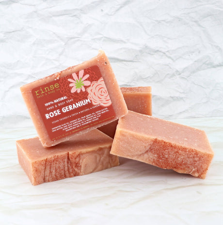 Rinse Rose Geranium handmade natural bar soap - moisturizing and gentle - lifestyle shot