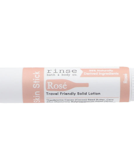 Rose solid lotion stick — dusky real-rose florals in a twist-up bar of moisture. Rinse Bath & Body Co.