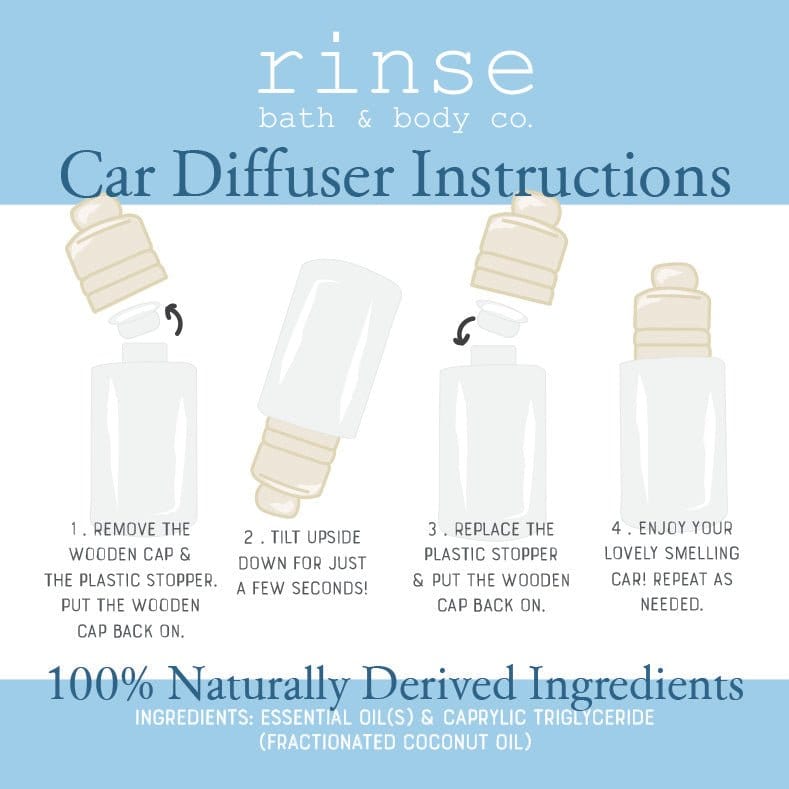 Orange Spearmint car diffuser how-to card: remove the stopper, tip to soak the wooden cap, re-cap. Essential oils in coconut oil