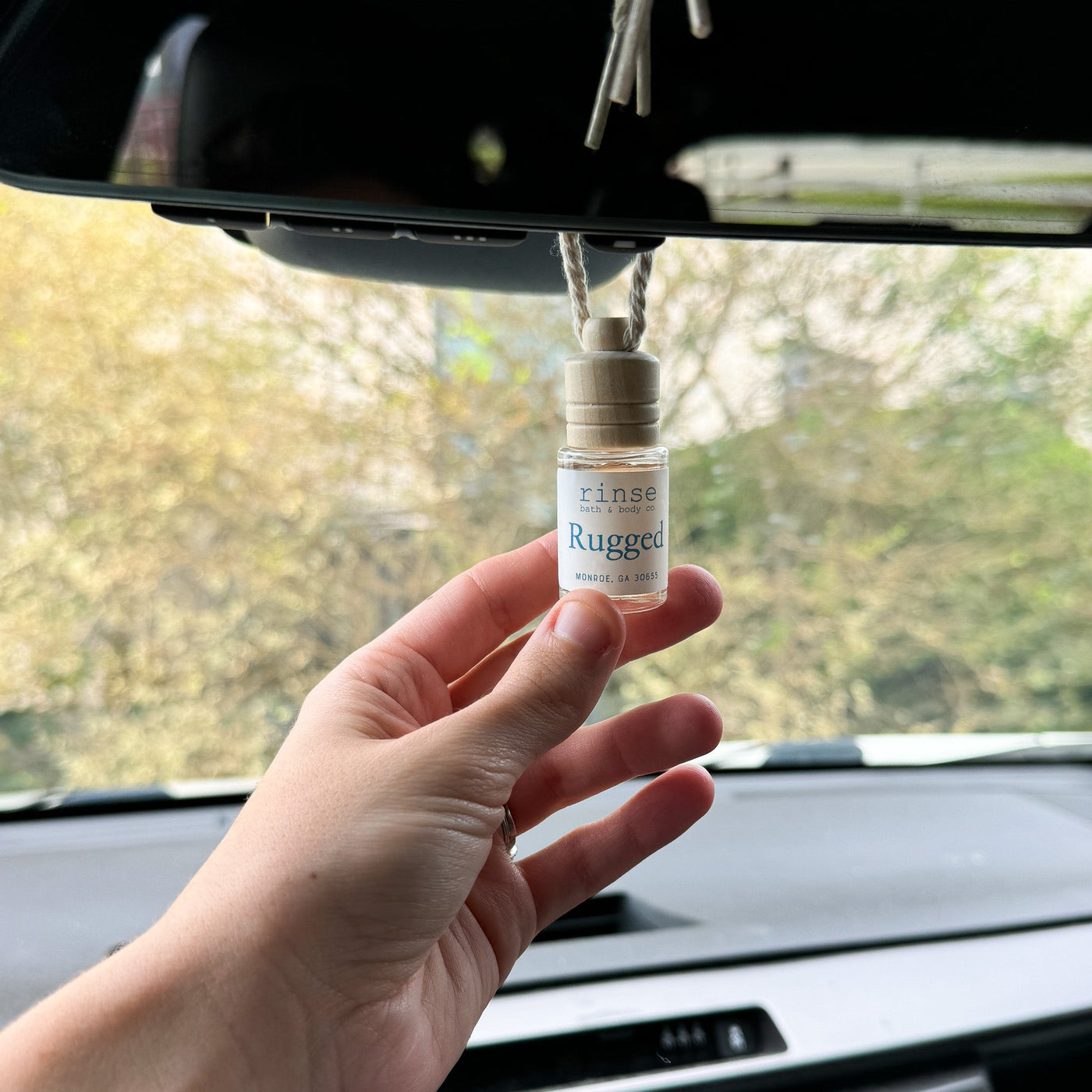 Rugged natural car air freshener from Rinse - essential oil diffuser - alternate angle