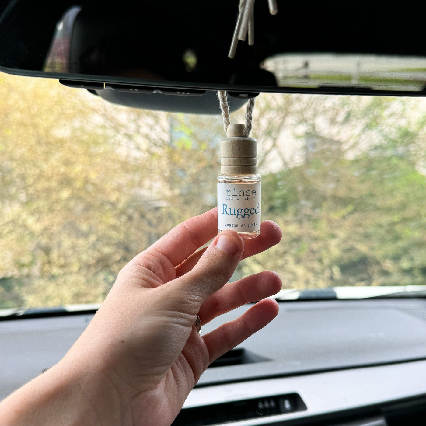 Rugged natural car air freshener from Rinse - essential oil diffuser - alternate angle