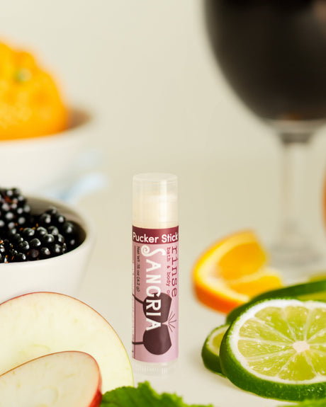 Sangria lip balm — a blend of fruits into a sweet fruit-punch flavor. Rinse Bath & Body Co.
