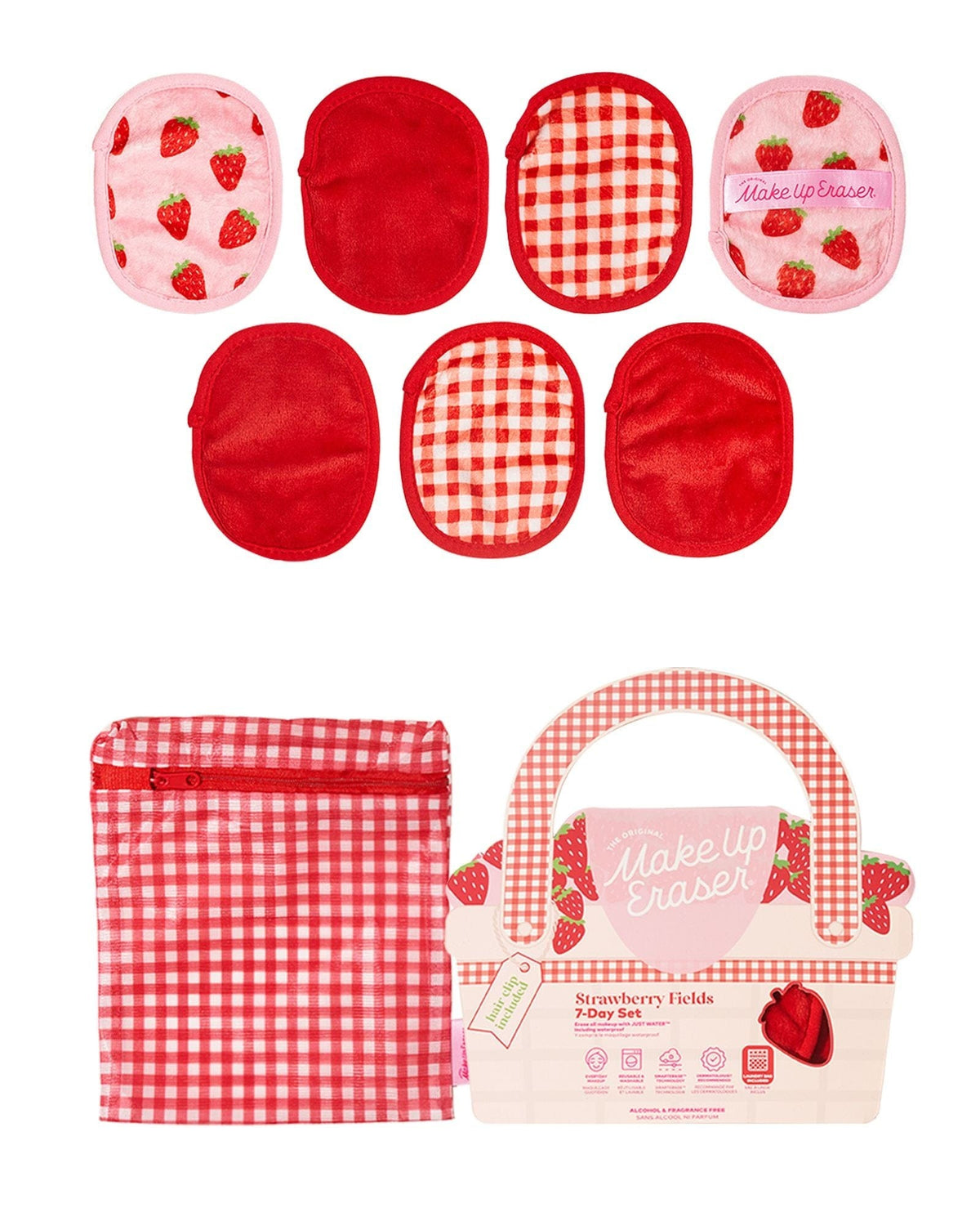 Strawberry Fields 7-Day MakeUp Eraser set flat lay — seven mini cloths, gingham laundry bag, and strawberry basket carton on white