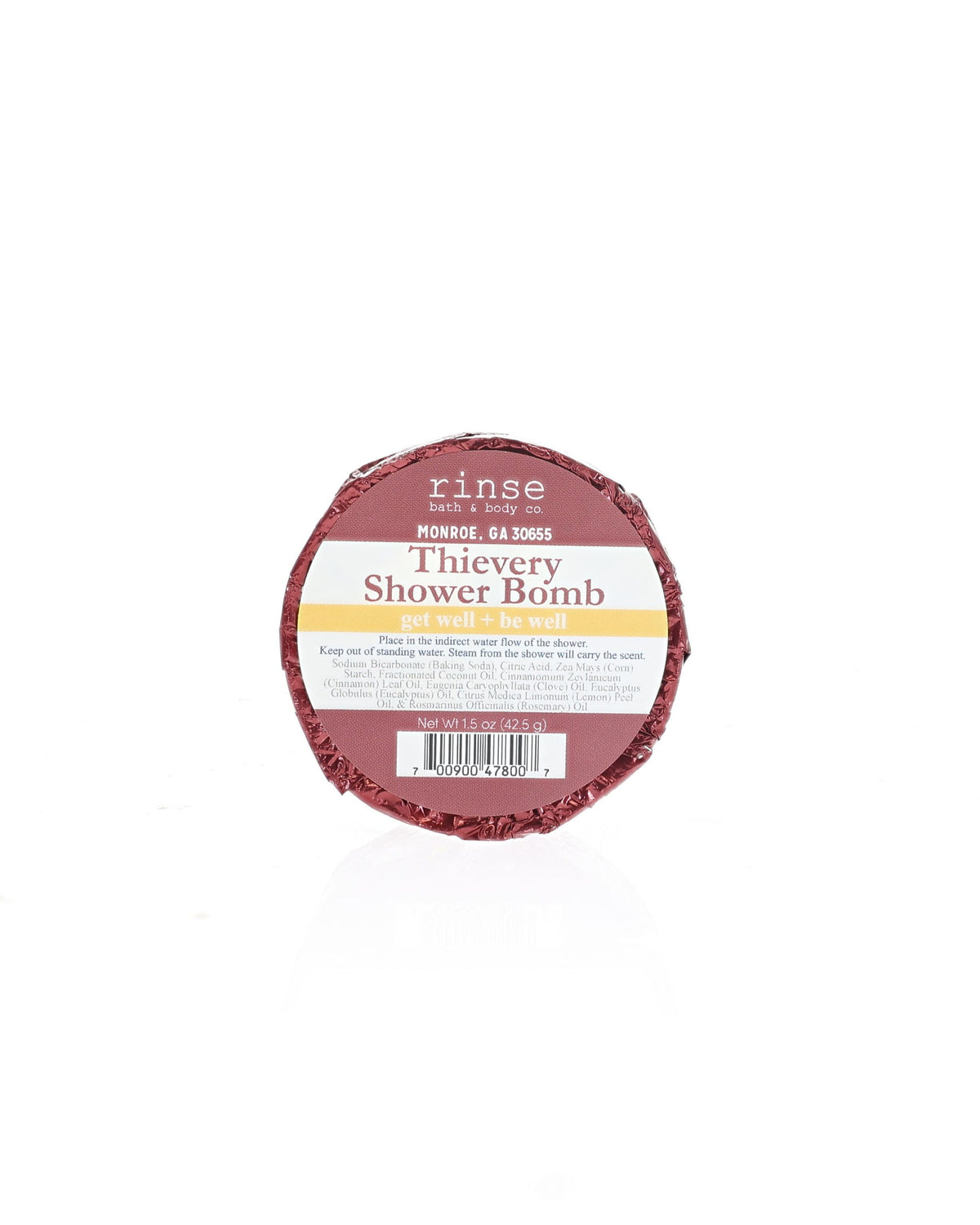 Thievery Shower Bomb sits wrapped in foil with its current Rinse label; shown for display; listing is for one (1)