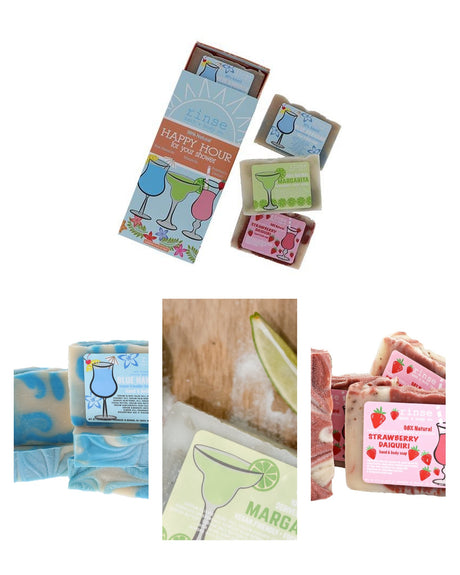 Tropical Happy Hour soap gift set flat lay — Blue Hawaiian, Margarita, and Strawberry Daiquiri bars with Happy Hour gift box