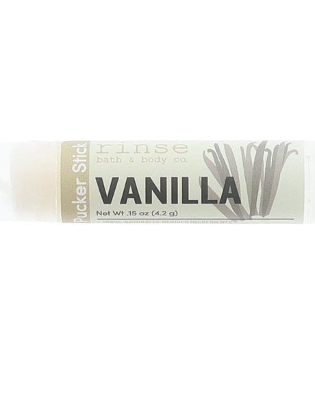 Vanilla Pucker Stick lip balm stylized — bold black vanilla lettering ready for everyday lip care