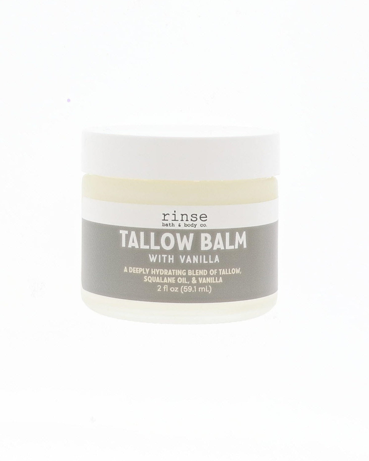 Tallow Balm with Vanilla jar standing on bright white — grey label and white screw cap in studio light