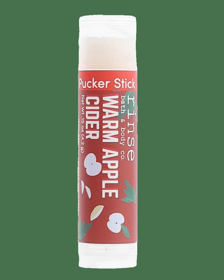 Warm Apple Cider Pucker Stick lip balm stylized — red apple label ready for everyday lip care