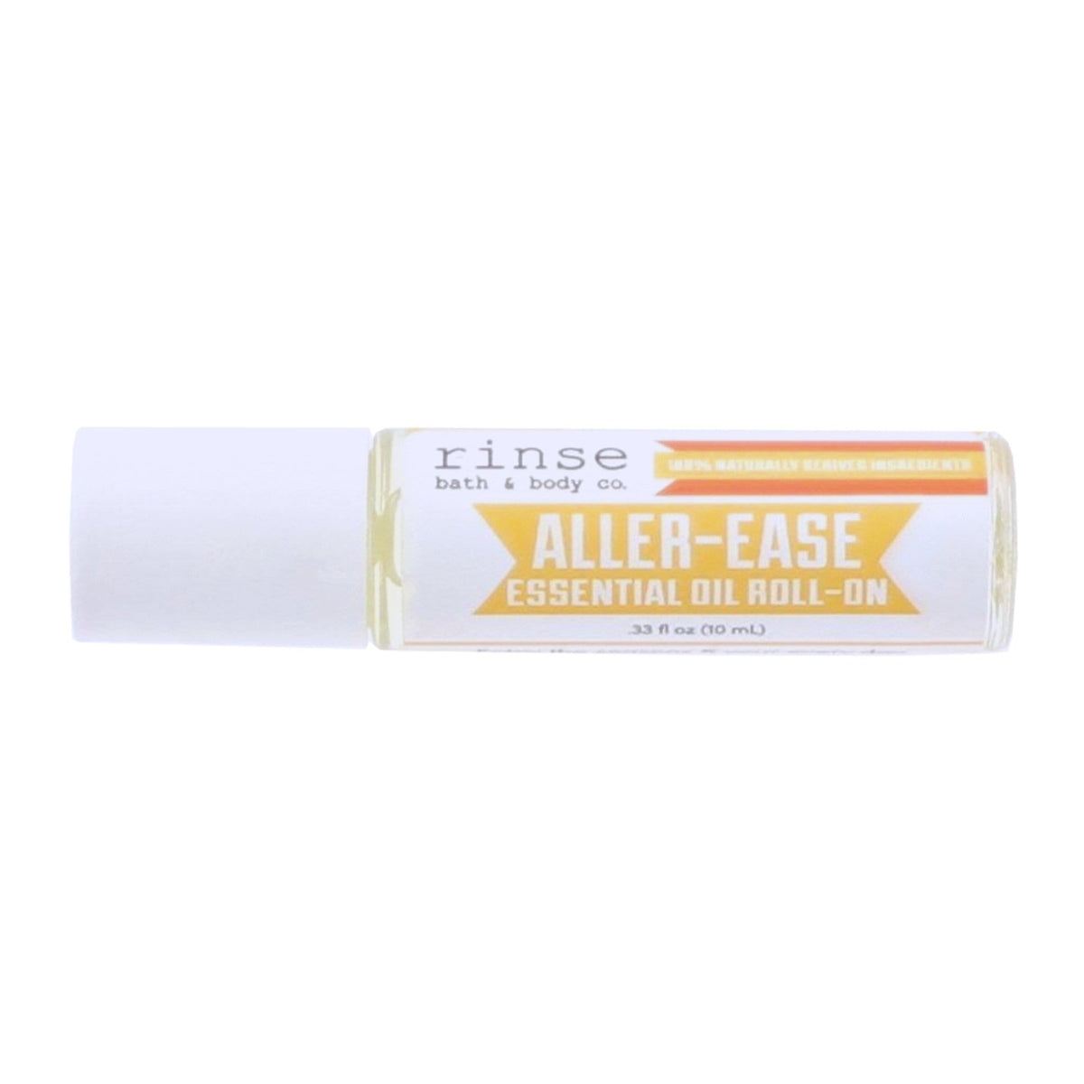 Aller-Ease roll-on lying on bright white — orange banner label and white cap in clean studio light