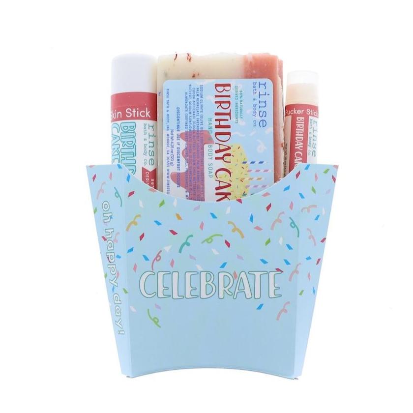Birthday Fry Box standing on bright white — Celebrate confetti carton holding soap Skin Stick and Pucker Stick