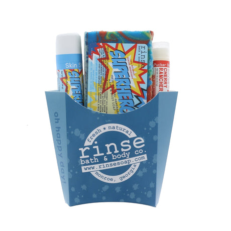 Superhero natural bath and body gift set from Rinse - ready to gift