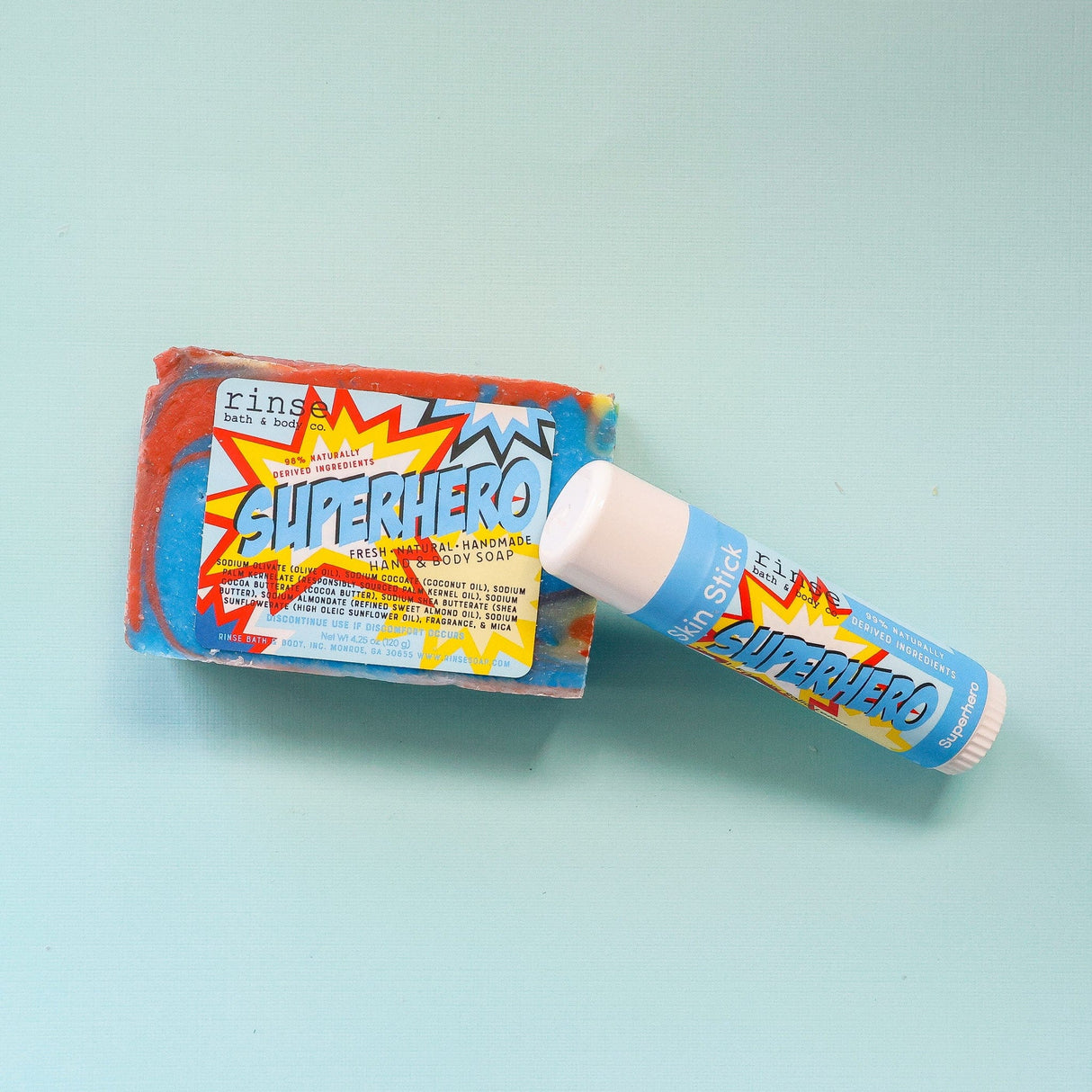 Superhero solid lotion stick from Rinse - concentrated moisture bar - alternate angle