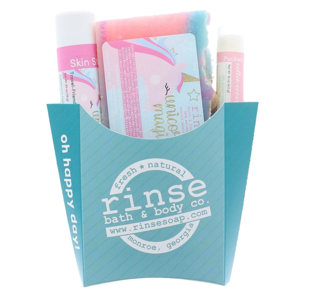 Unicorn natural bath and body gift set from Rinse - ready to gift