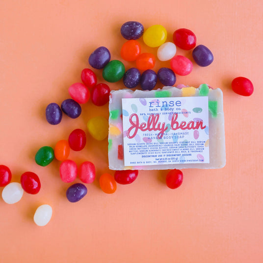 Easter lifestyle — Jelly Bean soap flat-lay. Text-free, decor/bundle-ready.