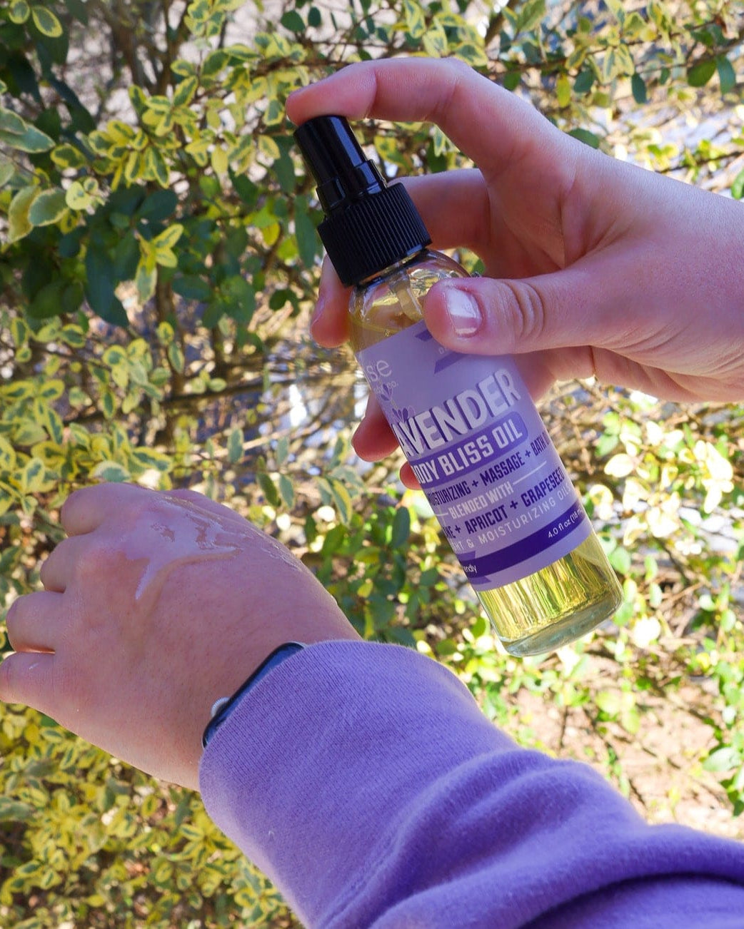 Lavender Body Bliss oil, part of the Lavender Scrub and Shine gift set