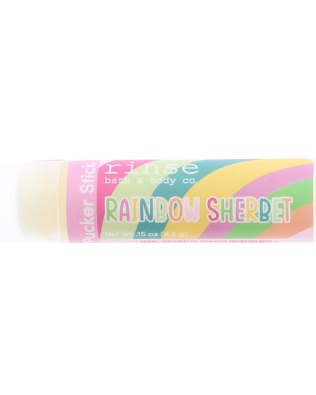 Rainbow Sherbet lip balm — sweet, fruity summer dessert in a twist-up tube. Rinse Bath & Body Co.