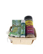 Board Shorts Dad bundle in wooden berry basket with Rinse Rainforest soap, skin stick and Lane's Q-NAMI rub
