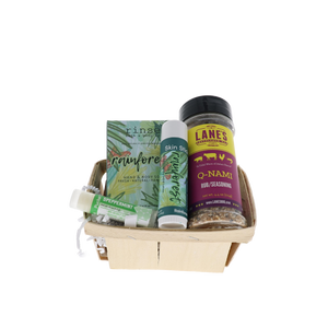 Board Shorts Dad bundle in wooden berry basket with Rinse Rainforest soap, skin stick and Lane's Q-NAMI rub