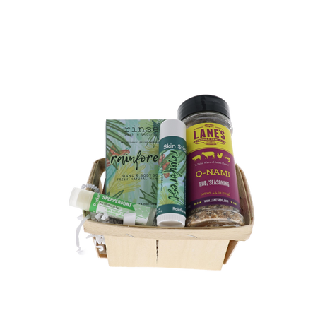 Board Shorts Dad bundle in wooden berry basket with Rinse Rainforest soap, skin stick and Lane's Q-NAMI rub