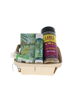 Board Shorts Dad bundle in wooden berry basket with Rinse Rainforest soap, skin stick and Lane's Q-NAMI rub