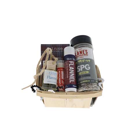 Classic Good Ole Dad bundle in wooden berry basket with Rinse Flannel soap, skin stick, car diffuser and Lane's SPG rub