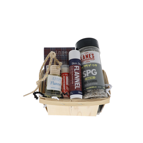Classic Good Ole Dad bundle in wooden berry basket with Rinse Flannel soap, skin stick, car diffuser and Lane's SPG rub