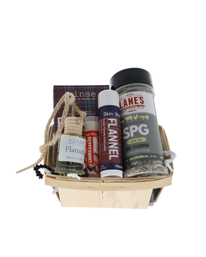 Classic Good Ole Dad bundle in wooden berry basket with Rinse Flannel soap, skin stick, car diffuser and Lane's SPG rub