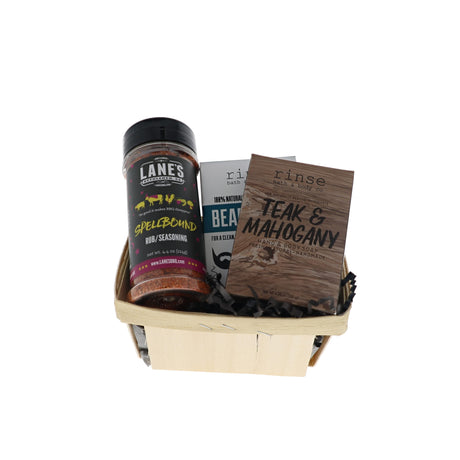 Flannel bundle in wooden berry basket with Rinse Teak and Mahogany soap, Beard Bar and Lane's Spellbound rub