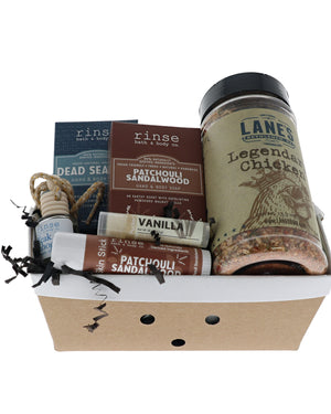 Patchouli Sandalwood crate with Rinse soaps, diffuser, skin stick and Lane's Legendary Chicken rub