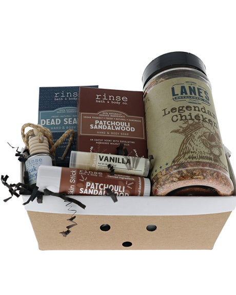 Patchouli Sandalwood crate with Rinse soaps, diffuser, skin stick and Lane's Legendary Chicken rub