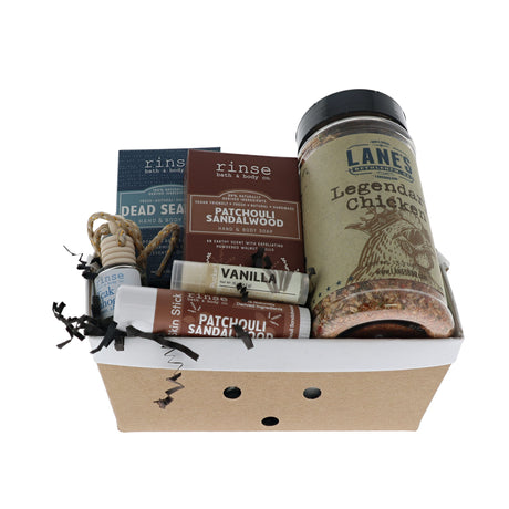 Patchouli Sandalwood crate with Rinse soaps, diffuser, skin stick and Lane's Legendary Chicken rub