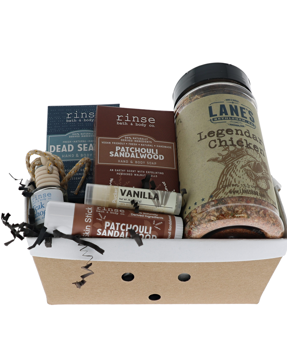 Patchouli Sandalwood crate with Rinse soaps, diffuser, skin stick and Lane's Legendary Chicken rub
