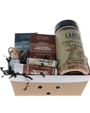 Patchouli Sandalwood crate with Rinse soaps, diffuser, skin stick and Lane's Legendary Chicken rub