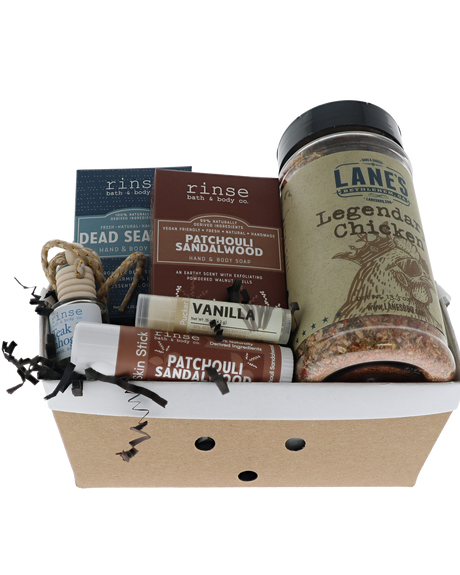 Patchouli Sandalwood crate with Rinse soaps, diffuser, skin stick and Lane's Legendary Chicken rub