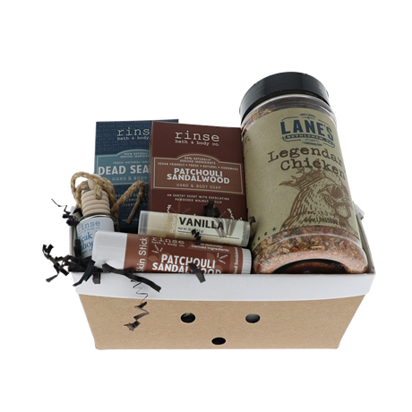 Patchouli Sandalwood crate with Rinse soaps, diffuser, skin stick and Lane's Legendary Chicken rub