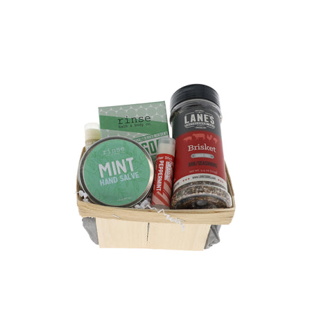 Pitmaster's Hands bundle in wooden berry basket with Rinse Mint Hand Salve, bar soap and Lane's Brisket rub