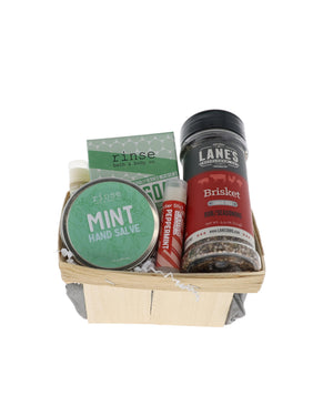 Pitmaster's Hands bundle in wooden berry basket with Rinse Mint Hand Salve, bar soap and Lane's Brisket rub