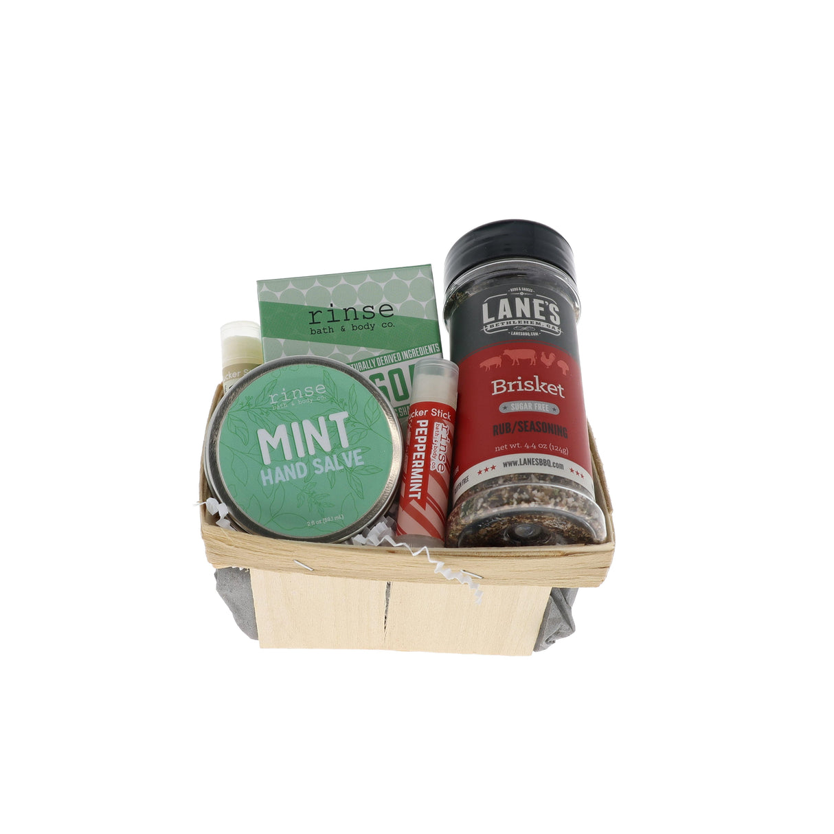 Pitmaster's Hands bundle in wooden berry basket with Rinse Mint Hand Salve, bar soap and Lane's Brisket rub
